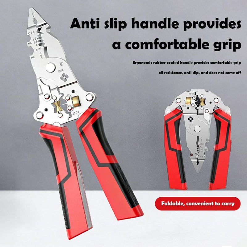 16-in-1 Wire Stripper Crimping Tool, Electrical Test Wire Stripper Pliers, Folding Design Voltage Tester Pliers for Electrician (Red) - Image 2